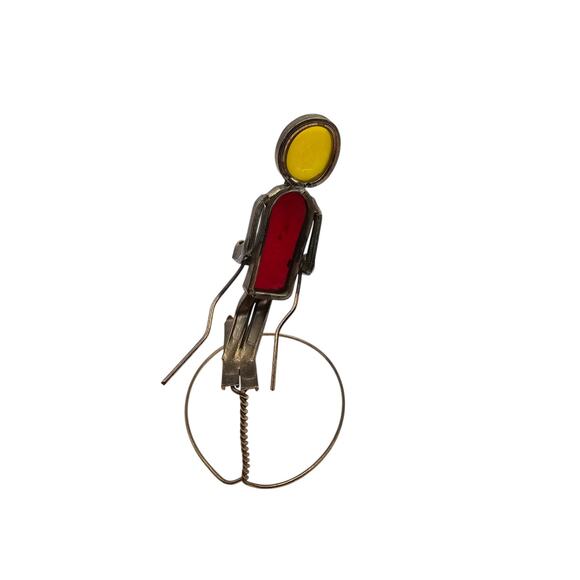 Vintage Handcrafted Welded Stained Glass Ski Skiing Man Mid Century Red Yellow - Picture 3 of 4